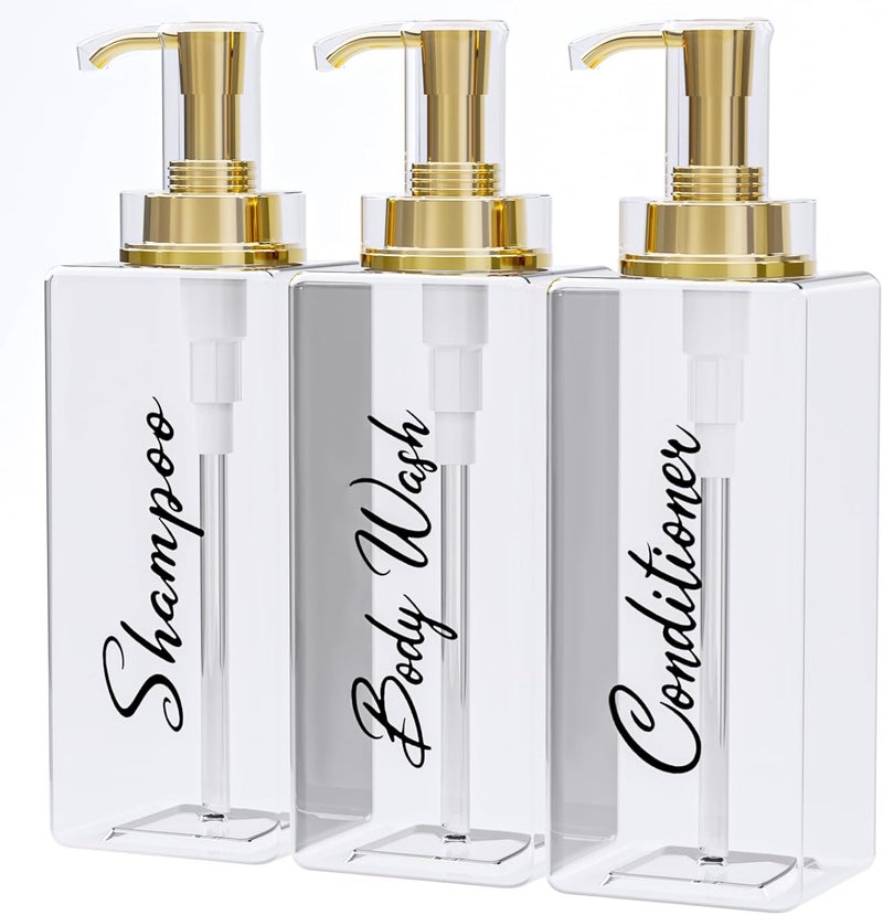 Akalin Shiny Shampoo and Conditioner Dispenser 16oz, Set of 3 Refillable Shampoo and Conditioner Shiny Bottles with Pump, 3 Clear Body Wash Dispenser for Shower, Gold Soap Dispenser Bathroom (Clear) - Image 1